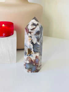 Black Flower Agate Crystal Tower T012a