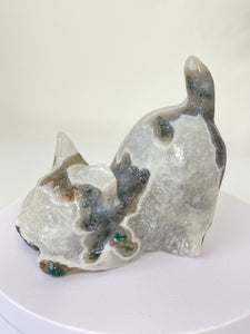 Moss Agate Crystal Cat Carving Large S067