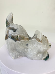 Moss Agate Crystal Cat Carving Large S067