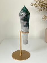 Load image into Gallery viewer, Moss Agate Tower on Stand High Grade Crystal T106a
