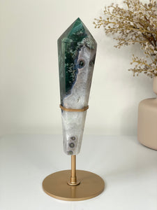 Moss Agate Tower on Stand High Grade Crystal T106a