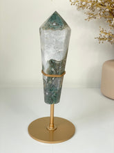 Load image into Gallery viewer, Moss Agate Tower on Stand High Grade Crystal T107a
